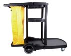 Chariot de concierge avec roues avant pivotantes et roues arrières non marquantes - support pour sac à déchets en polyester - 3 tablettes - noir on Sale