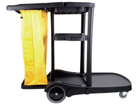 Chariot de concierge avec roues avant pivotantes et roues arrières non marquantes - support pour sac à déchets en polyester - 3 tablettes - noir on Sale